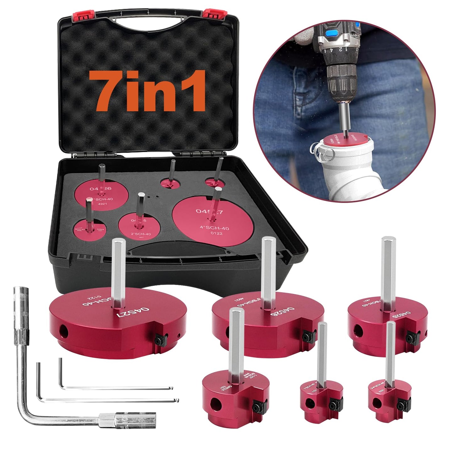 6 Piece Plastic Pipe Fitting Reamer Kit With A Socket Wrench, 0.75" 1" 1.5" 2" 3" 4 Inch PVC Pipe Reamer Tools Contain PPR75, PPR100, PPR150, PPR200, PPR300, PPR400, Fit Standard 3/8" & 1/4" Drills