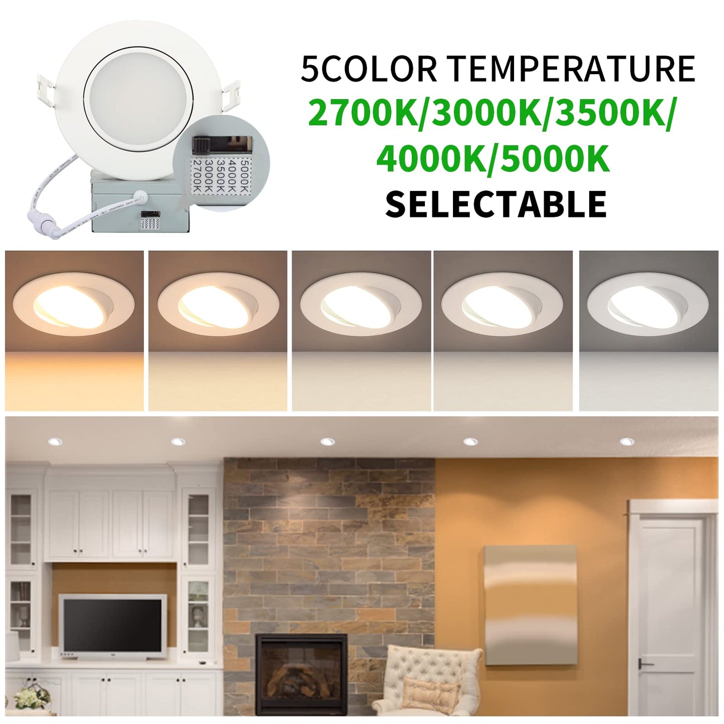 KnLnny Ware 4 Inch Recessed Lighting 6 Pack,Ajustable Led Eyeball Gimbal Light,Led Recessed Lighting 4 Inch Ceiling Light with Junction Box,5CCT Selectable,Airtight,9W 750LM,Dimmable,ETL Listed