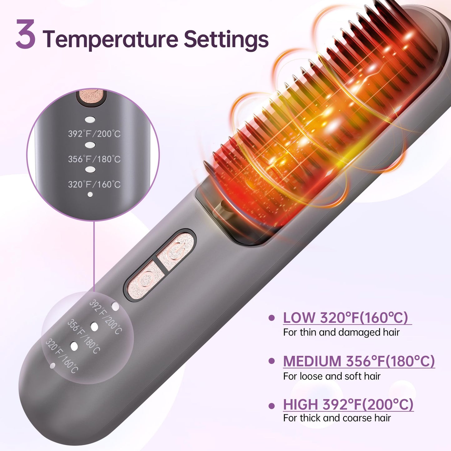 BGFOX Cordless Hair Straightener Brush [10 Mins Shiny Look Anytime Anywhere], USB Rechargeable Portable Ionic Hair Straightener Comb Straightening Brush for Women Travel with 3 Temps 30s Fast Heating