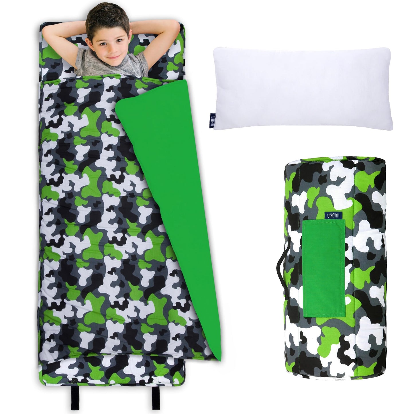 Wildkin Original Nap Mat for Kids – Soft, Cozy & Roll-Up Ready Sleep Mat, Ideal for School & Travel - Camo Green