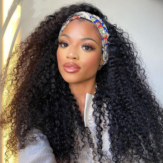 Aiterina 26 Inch Headband Wig Human Hair Deep Wave Headband Wigs for Black Women Virgin Human Hair Headband Wig Glueless Curly Headband Wig Human Hair Headband Wig Natural Color
