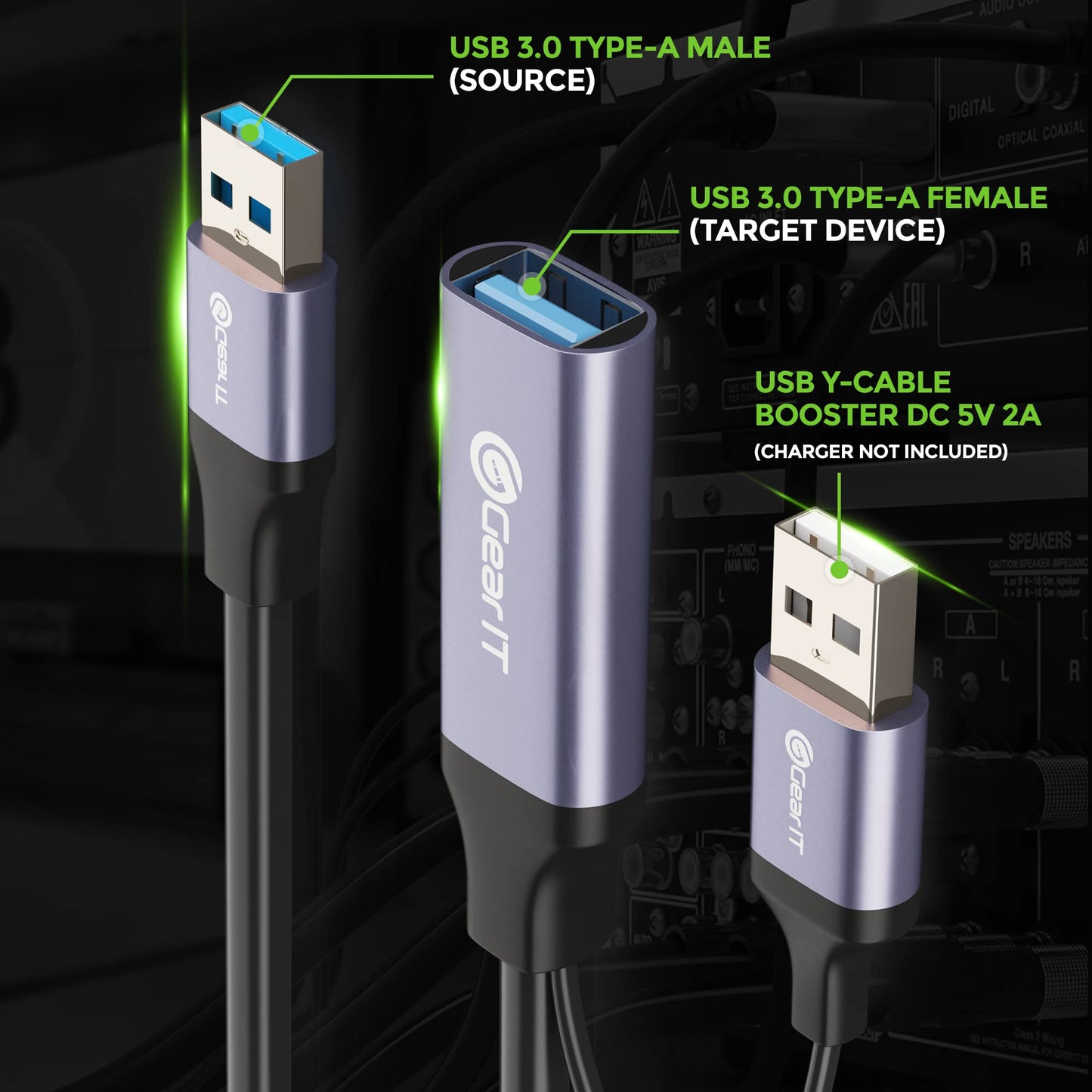 GEARit USB 3.0 Active Extension Cable (30 Feet) A-Male to A-Female USB Repeater with Signal Booster for Oculus Rift, Quest Link, Xbox 360 Kinect, PlayStation, Printer, Webcam - 30ft