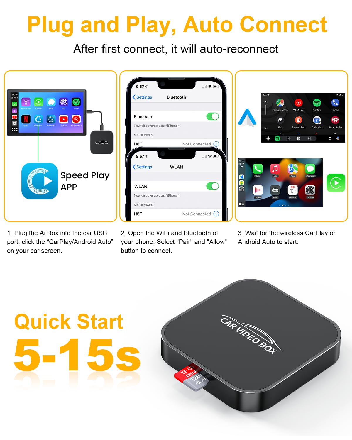 5-in-1 Wireless CarPlay Adapter with Netflix/YouTube/TF, Android Auto & Carplay Adapter with USB-A and USB-C Cables,Convert Wired to Wireless Apple Dongle, Magic Video Ai Box Car Play for iOS 10+