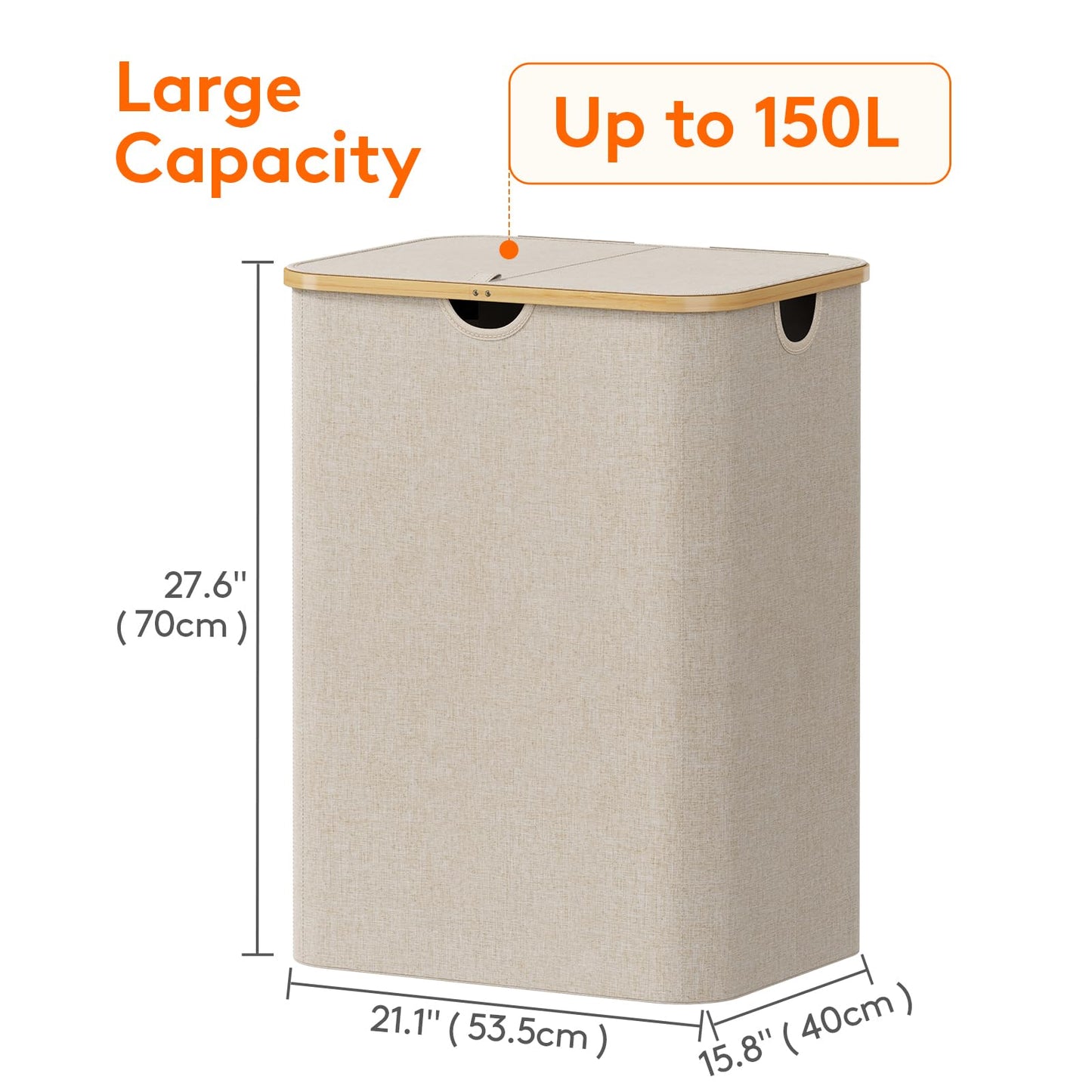 Lifewit 150L Laundry Basket with Lid, Clothes Hampers for Laundry with Bamboo Handles and 2 Removable Bag, Large Foldable Laundry Hamper for Bedroom, Bathroom, Dorm, Laundry Room, Beige