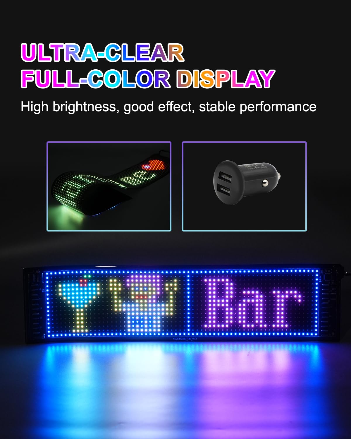 wooaismart Programmable LED Scrolling Sign - Full Color Display Board with Bluetooth APP Control - Custom Text & GIF Patterns - Perfect for Business Advertising & Car Displays (Full Color, 23" x 5")