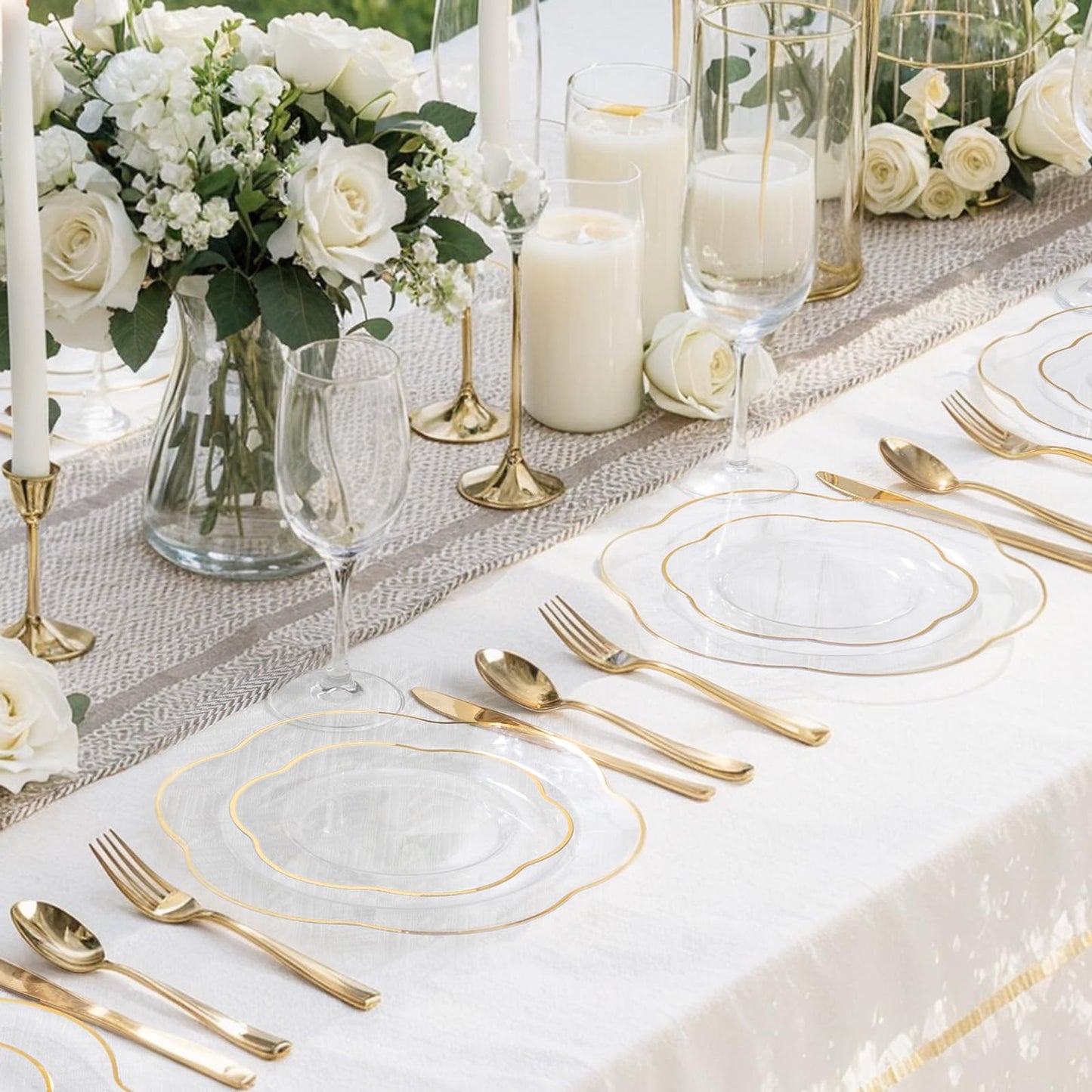 Liacere 100PCS Clear Plastic Plates - 10inch Disposable Floral Clear and Gold Dinner Plates - Perfect for Wedding & Party & Holiday & Floral & Baby Show