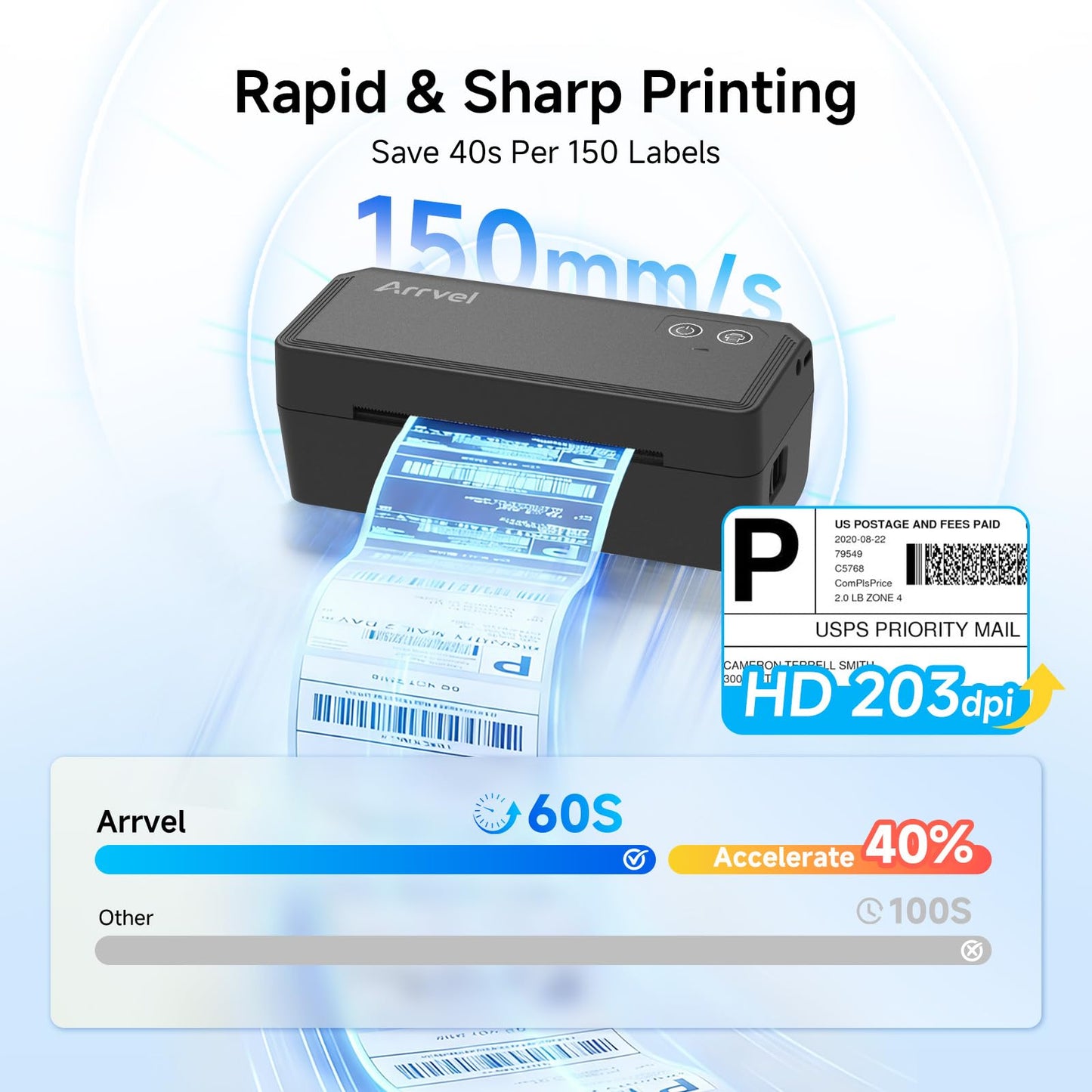 Arrvel Bluetooth Thermal Label Printer with Stand, Wireless 4x6 Shipping Label Printer for Small Business, Inkless Print for USPS Amazon Etsy Shopify, Support iPhone Android Windows Mac (Black)