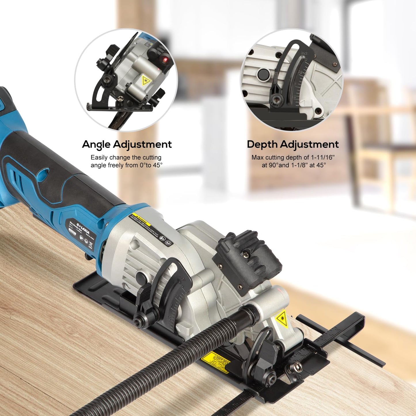 G LAXIA Mini Circular Saw, 4-1/2" 3400RPM Cordless Circular Saw with Laser Guide, Rip Guide, Compact Hand Saw with 2Pcs blades（24T+60T), Max Cutting Depth 1-11/16"(90°), 1-1/8"(45°)
