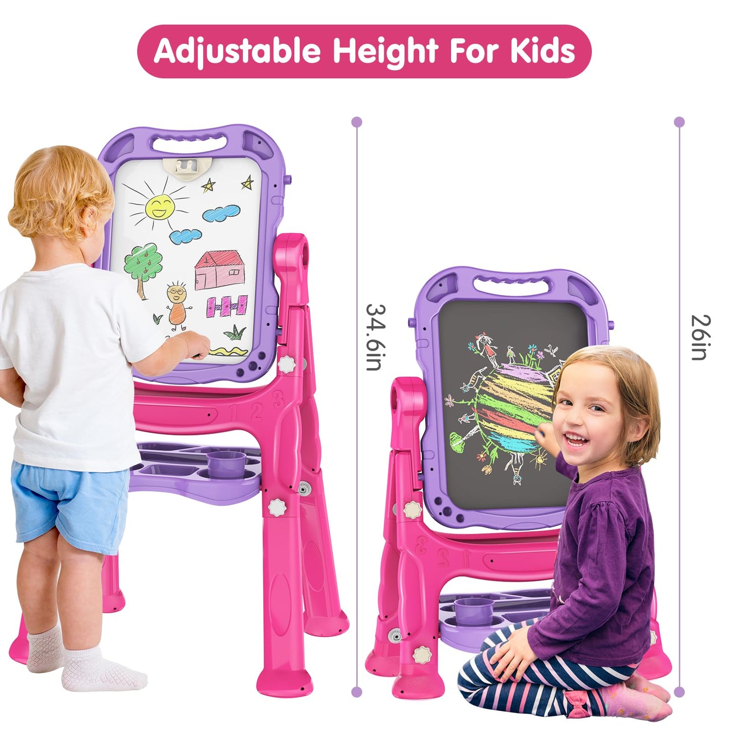 Amagoing Easel for Kids for Age 2-4, Adjustable Standing Art Easel for Toddler, Double Magnetic Drawing Board with Painting Accessories, Birthday Christmas Gift Toy for Little Boys and Girls 3 4 5 (Purple)