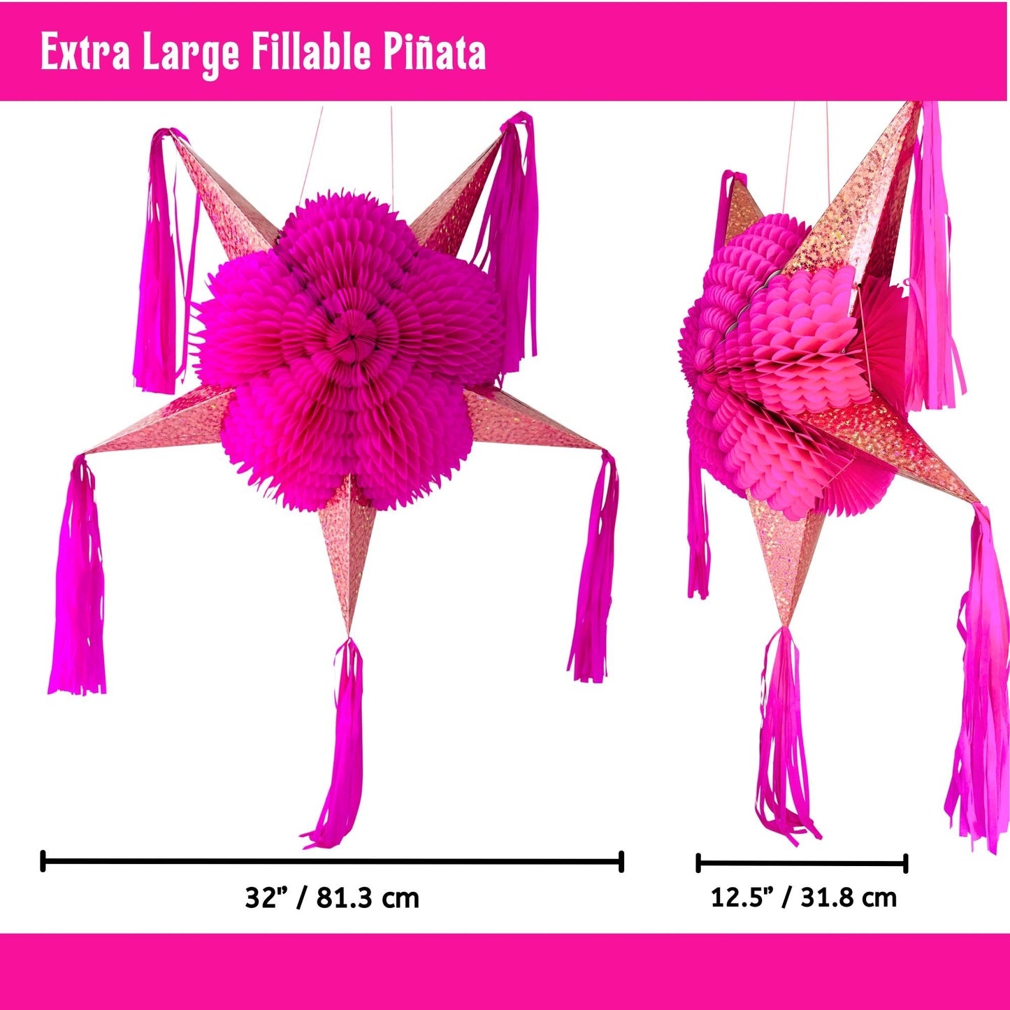 Mexican Star Pinata (32"), Hot Pink Piñata with Rose Gold Cones and 30 ft Rope - Large Pinata for Baby/Bridal Shower, Quinceañera, Glamorous Pink Party Decoration