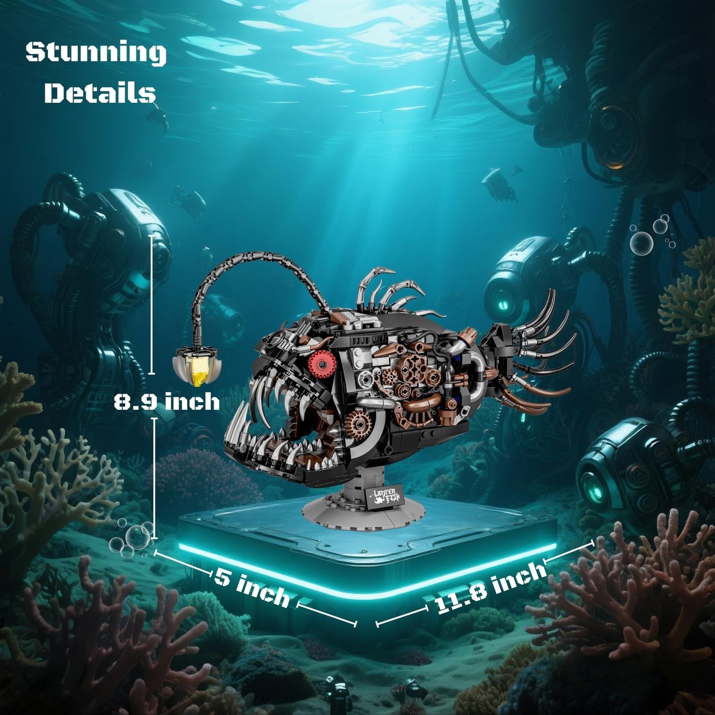 PIVONAX Mechanical Angler Fish Building Block Set - STEM Toys for Boys & Girls 8-14+, Deep Sea Ocean Creature Kit, Home/Office Decor with Light, Great Gift for Kids & Adults(1038+Pieces)