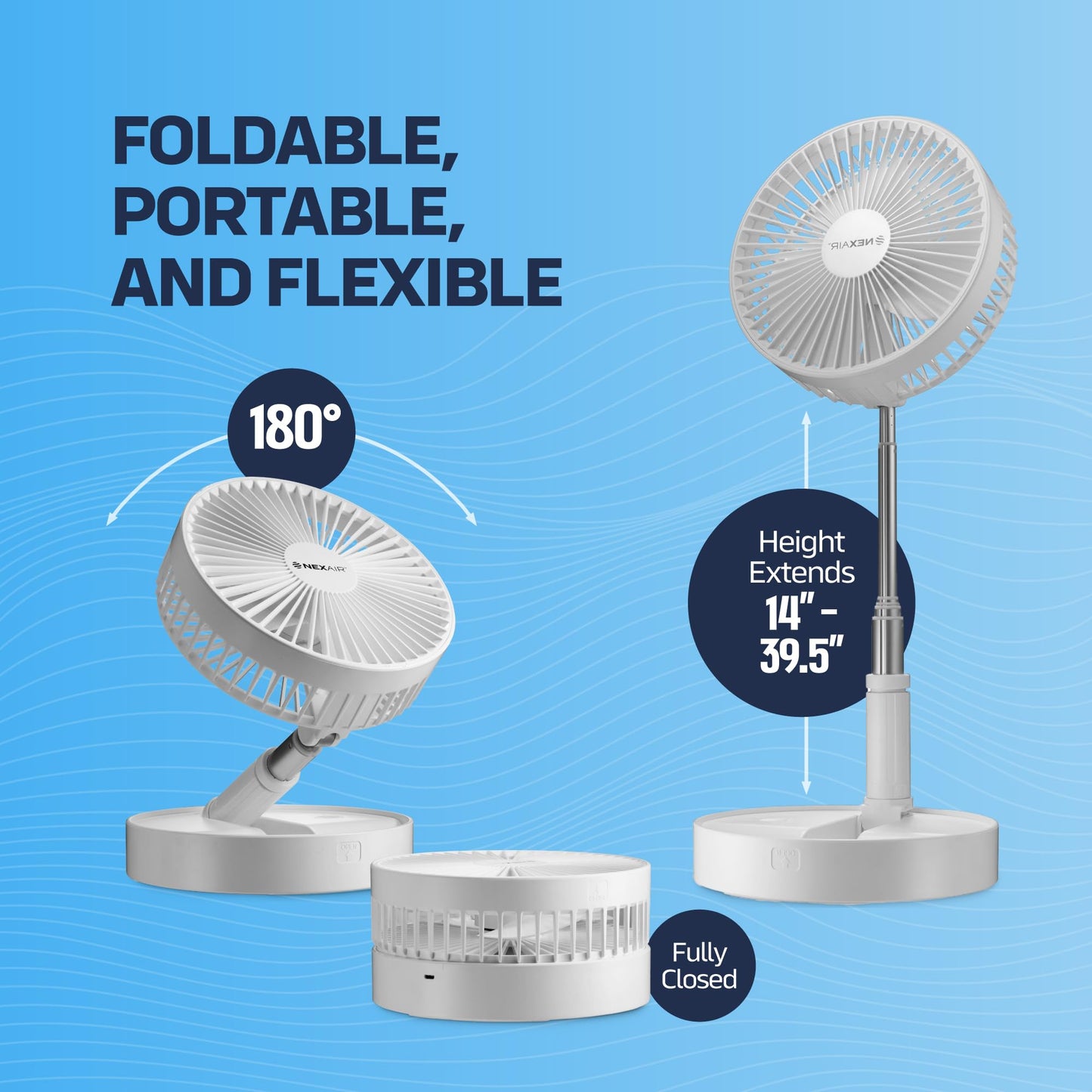 NEXAIR Premium 8" Foldable 4 Speed Portable Fan with Adjustable Height 14” – 39.5 in, Rechargeable Folding Fan For Home And Office, Quiet Floor Fan For Bedroom, Battery Operated Fan For Travel