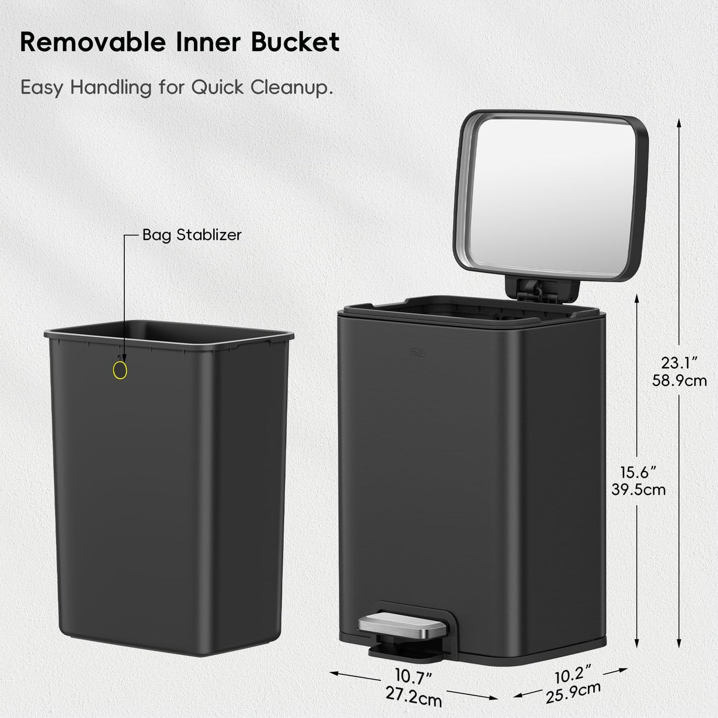 EKO Madison Matte Black Stainless Steel 3.2 Gal/12L Bathroom Small Step Trash Can or Recycling Bin, Removable Inner Liner, Soft Close Lid, Fingerprint Resistant Finish