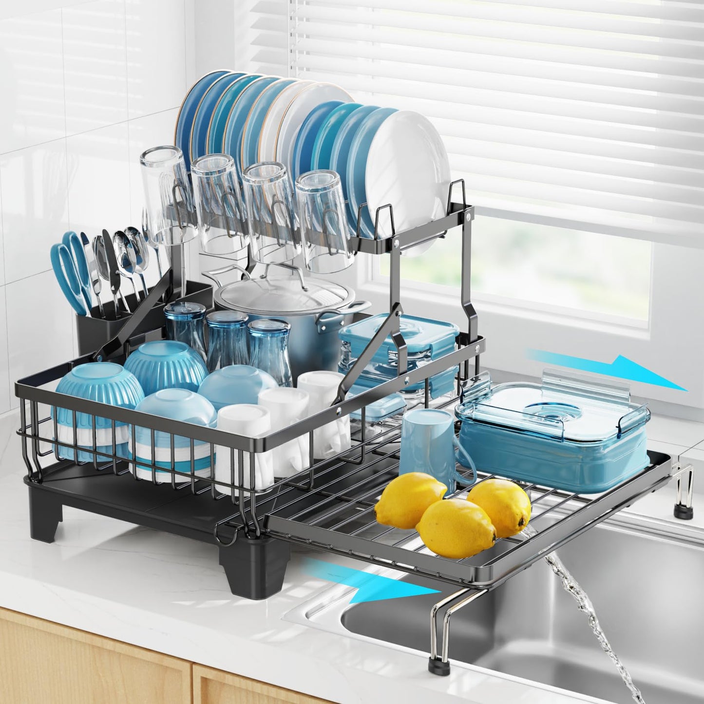 GSlife Large 2 Tier Dish Drying Rack, Expandable Multifunctional Dish Rack for Kitchen Counter, Rust-Resistant Dish Drainer with Utensil & Cup Holder, Auto-Drain, 16.9" W x 14.4"-22.4" L, Black