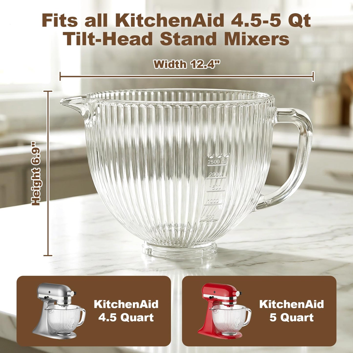 Glass Mixer Bowl for KitchenAid 4.5 and 5 Quart Tilt-Head Stand Mixers, 5 qt Mixing Bowl for Kitchen Aid With Measurement Markings & Handle