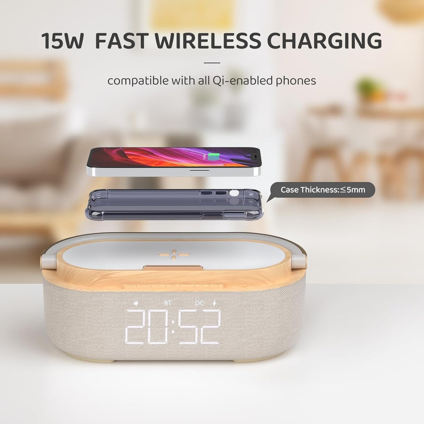 FREEFISH Bluetooth Speaker with Wireless Charger, FM Radio, Adjustable LED Night Light, Dual Wireless Speakers, Suitable for Home Decoration, Bedroom, Office, Gift（Wooden）