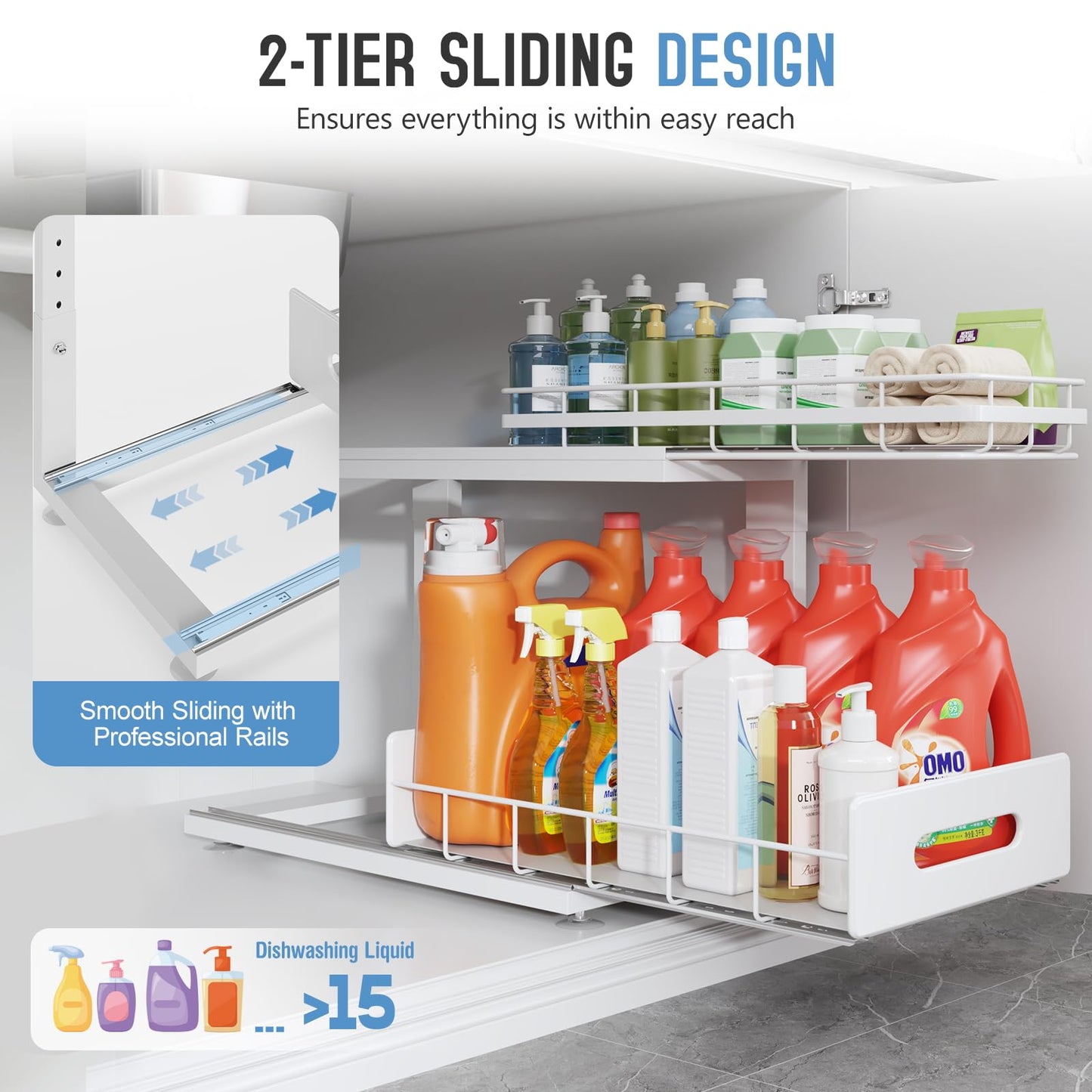 Biboraya Under Sink Organizer Upgrade To Professional Rails,2-Tier Dual Pull Out Cabinet Storage,Height Adjustable Slide Out Drawers For Bathroom Kitchen,2 Pack-18.5"Dx12.8"-16.9"H,White