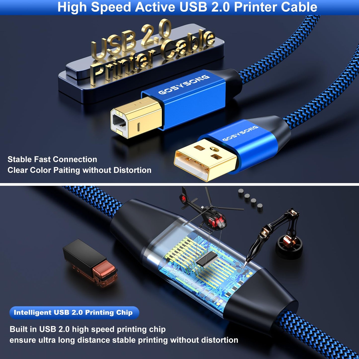 GOSYSONG 100ft Active USB 2.0 Cable, Type A to Type B, High Speed Printer Cable Compatible with HP, Canon, Dell, Epson, Xerox and More