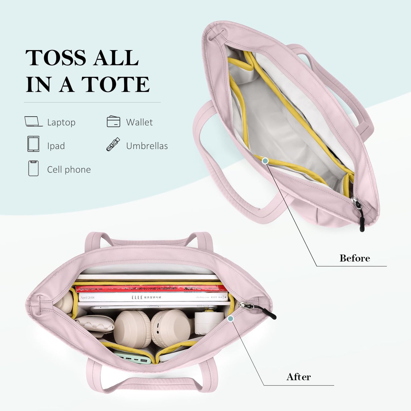 GOLF QUALITY Tote Bag for Women, Work Bags with Zipper Computer Laptop Handbag with Compartments for Travel, Daily,Fit 14Inch,Pink