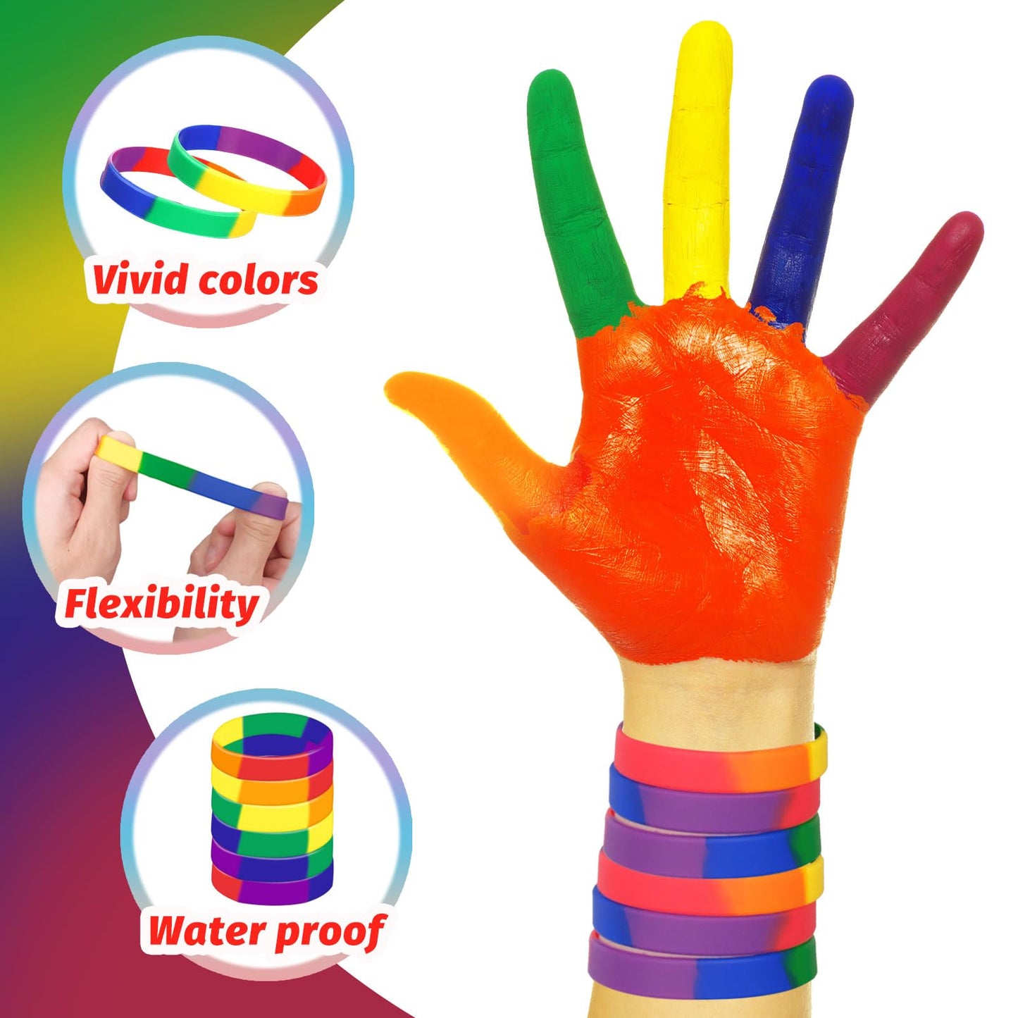 300 Pcs Pride Wristbands Bulk Rainbow Silicone Bracelet Pride Wristbands Decorations Stretch Silicone Wristband Wrist Bands for Gay and Lesbian Parades Rainbow Festival Party Decorations Supplies