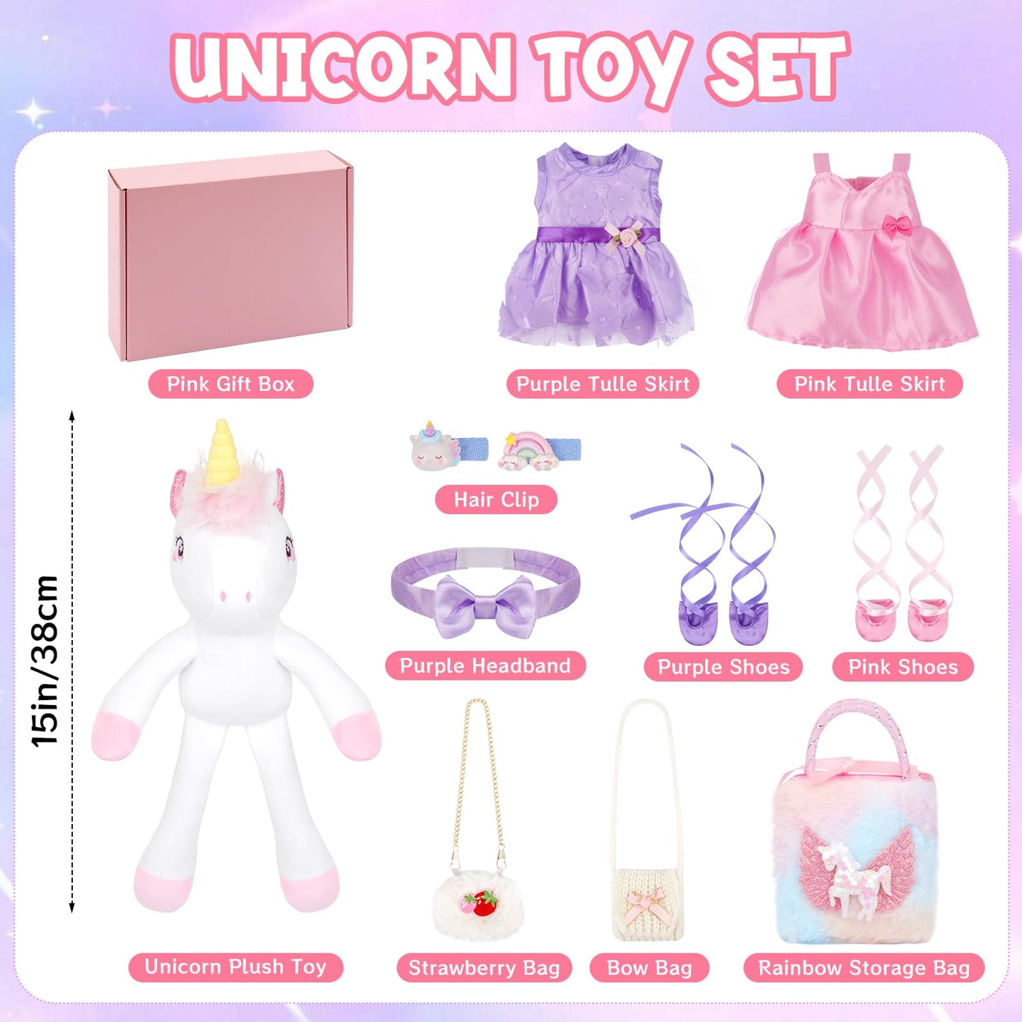 ZeffuLyne Unicorn Stuffed Animals, 11PCS Unicorns Toys for Girls Age 4-6 Ballerina Doll Stuffed Animal Toy with 2 Set Ballerina Dresses, Shoes, Bags & Hair Clips, Birthday Gifts for Girls Age 4-8