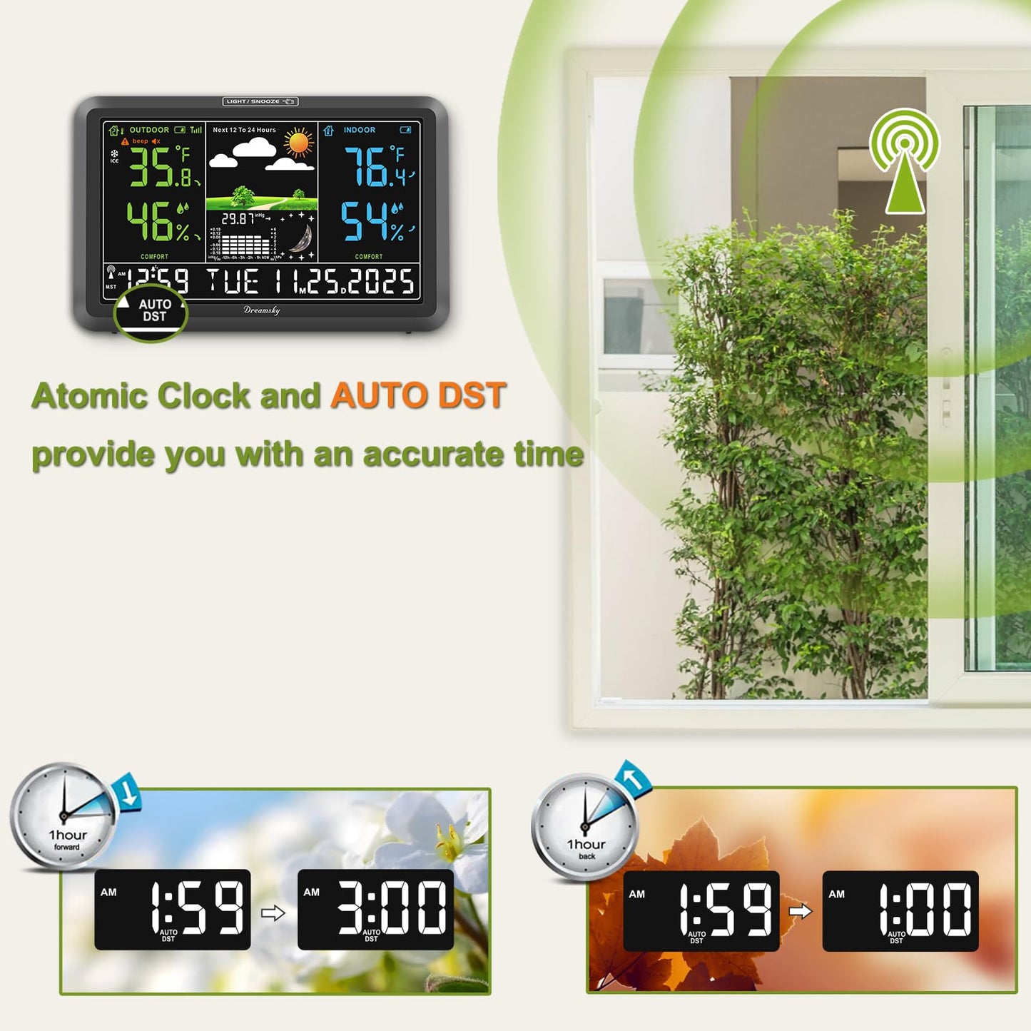 DreamSky Weather Station Indoor Outdoor Thermometer Wireless with Digital Atomic Clock for Home, Large Display with Dimmer, USB Port, Inside Outside Temperature Humidity Monitor (Plug-in)-2 Sensors