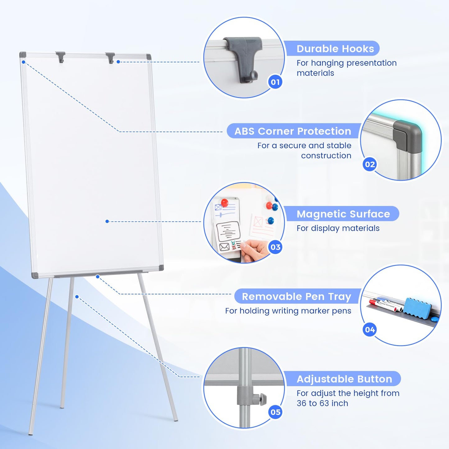 MAKELLO White Board with Stand, Portable Whiteboard Easel 3'x2' for Office Classroom Home School, Adjustable Height, Aluminum Frame, 36x24in
