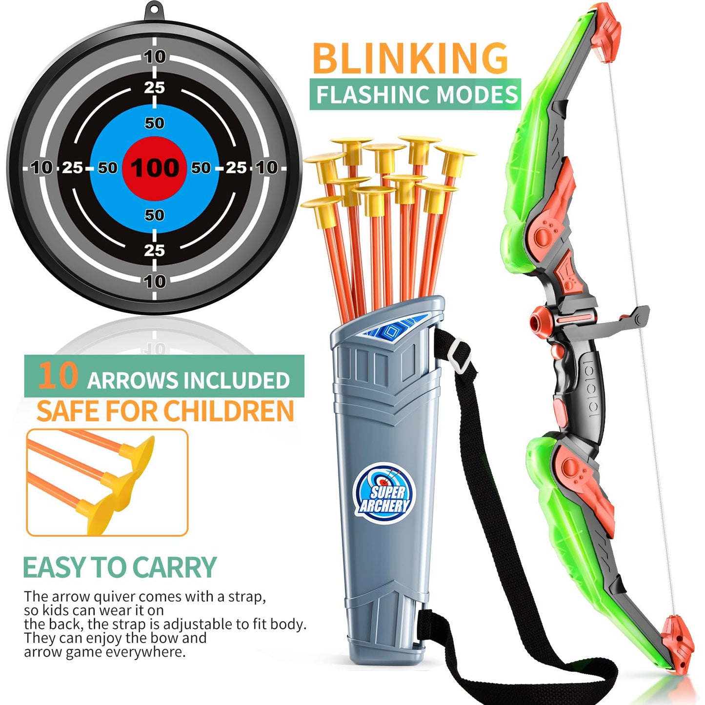 TMEI Bow and Arrow Set for Kids - Archery Toy Set - LED Light Up with 10 Suction Cup Arrows, Target & Quiver, Indoor and Outdoor Toys for Children Boys Girls(Green)