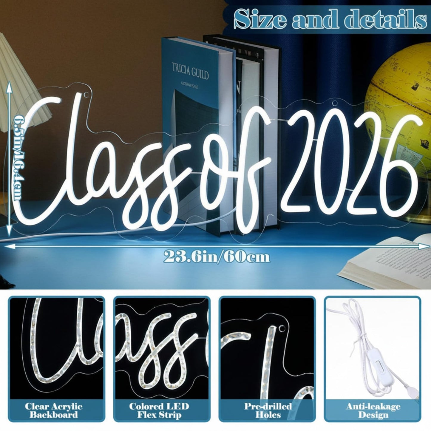 Glooglitter Large Congrats Grad Neon Sign Class of 2026 Sign Decor Grad Light up Decor LED Graduation Congratulation Gift for Graduation Ceremony Party Backdrop Celebration(Class)