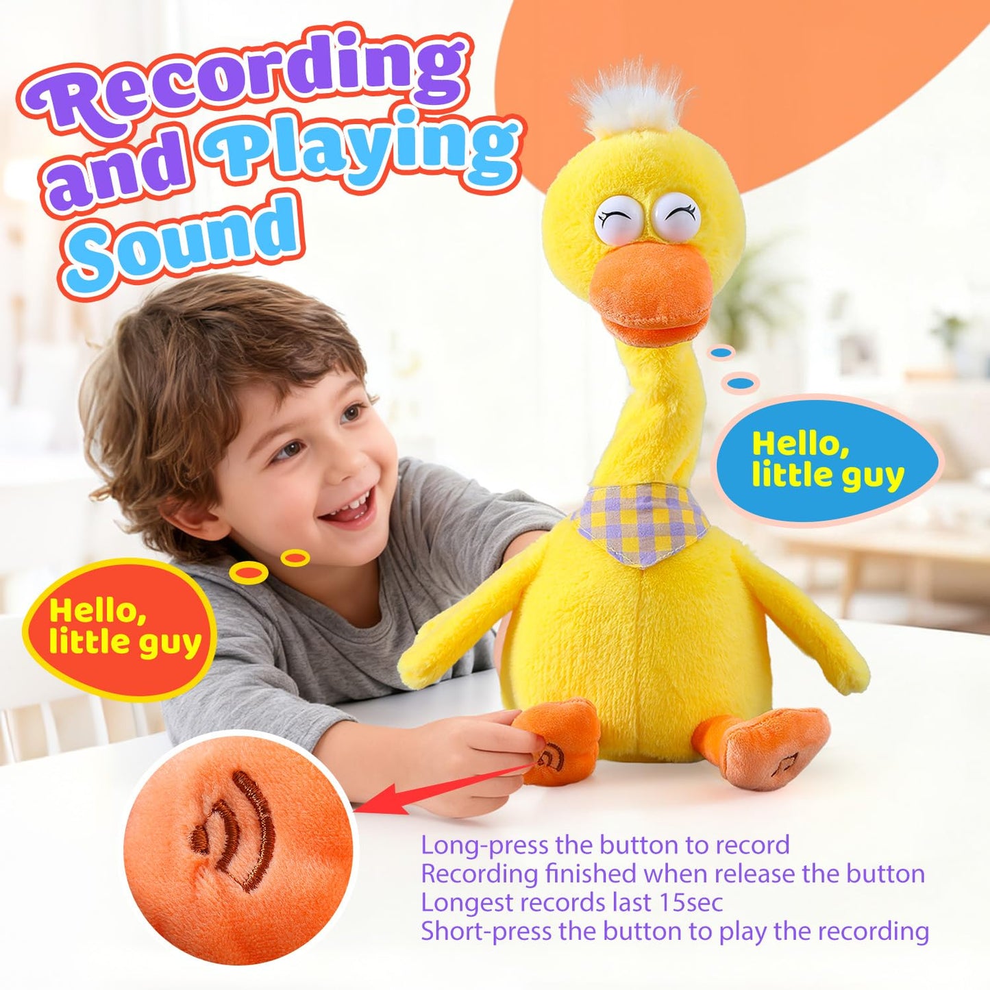 13" Talking Dancing Duck, Repeating What You Say Mimicking Recording Plush Baby Toy Musical English Songs Singing Talking Glowing Animated Twisting Gifts of Lighting Up Funny Toys for Boys Kids
