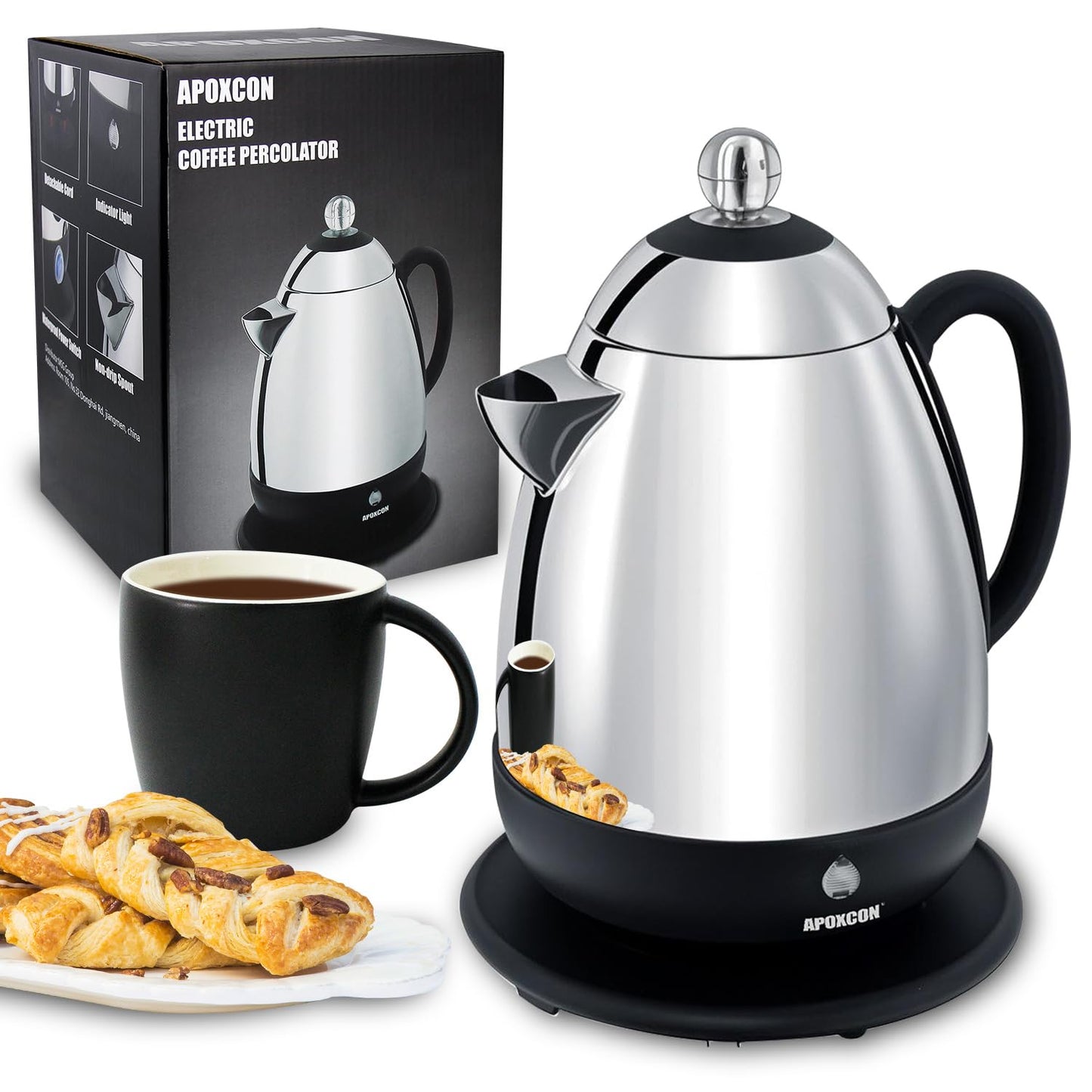 APOXCON Electric Coffee Percolator, Stainless Steel, with Clear Brew Progress Knob, No-Drip Spout, Auto Keep Warm, Cordless Serving, 10 Cup, Silver