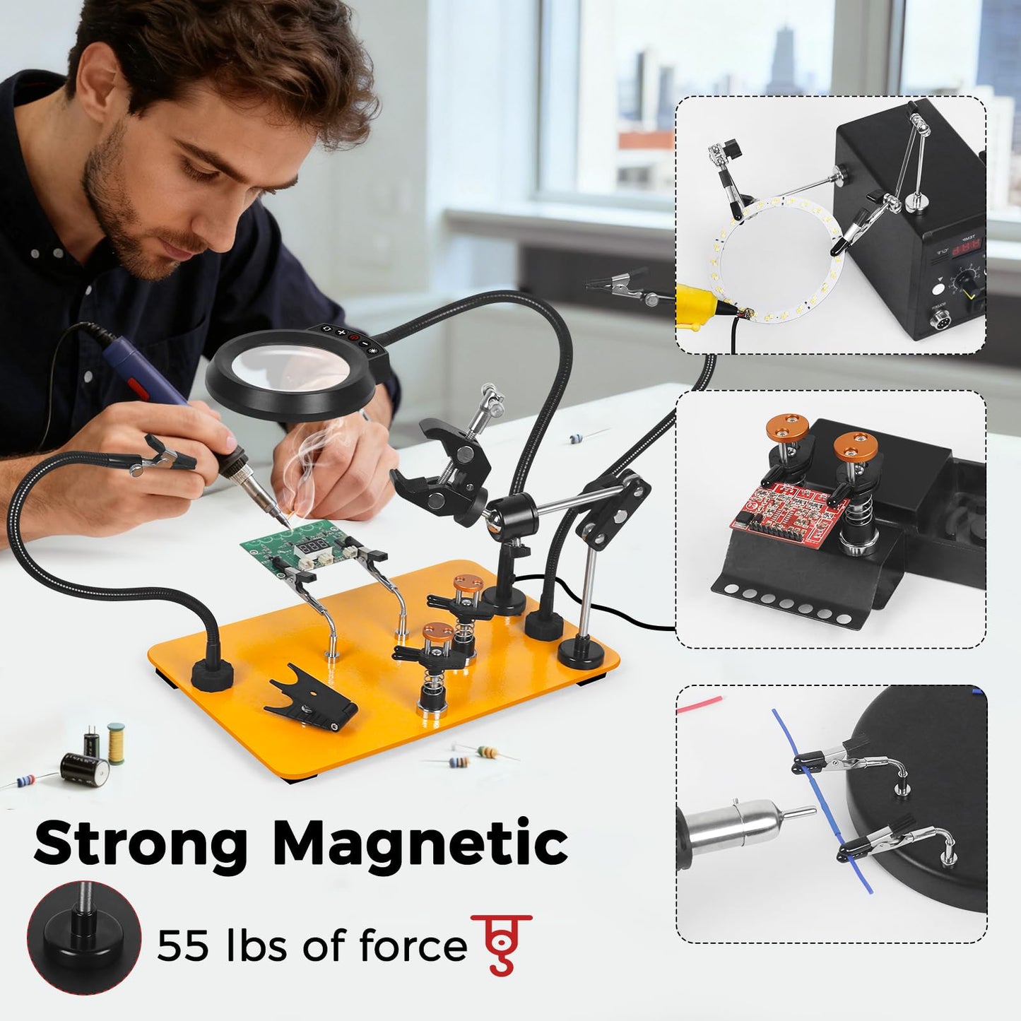 NOEVSBIG Helping Hands Soldering Station with 5X Magnifying Lamp, Magnetic Flexible Arms, 360° Soldering Clamps, Workbench Vise & Large Stable Base, and Helping Hands Clamp for Electronics Repair DIY