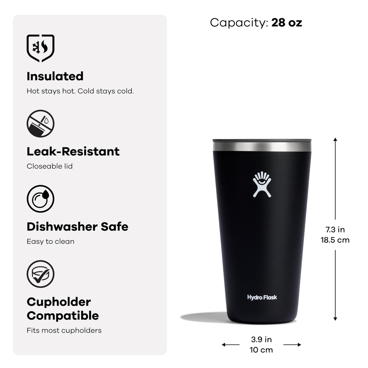 Hydro Flask All Around Tumbler Press-in Lid, Insulated Travel Mug, Stainless Steel Coffee Cup 28 Oz Black
