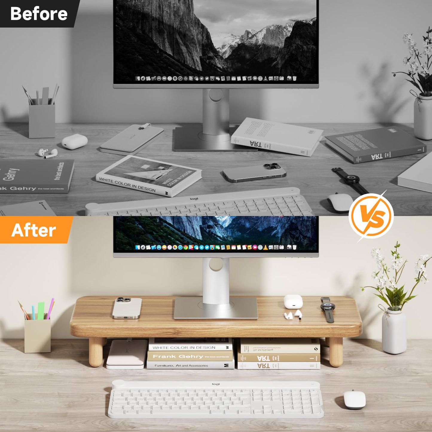 NestNeat Monitor Stand Riser, 24 Inch Wood Desk Organizer with Monitor Stand & Storage Computer Monitor and Laptop Riser Multifunctional Laptop Stand Desk Organizer for Office Home Screen/Laptop/PC (Light Walnut)