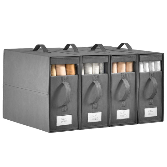 Bed Sheet Organizers,4 Pack Linen Closet Organizers and Storage, Foldable Bedding Organizer for Bedsheets, Duvet Covers and Pillow(Queen or King Size), Sheet Storage for Closet with Window