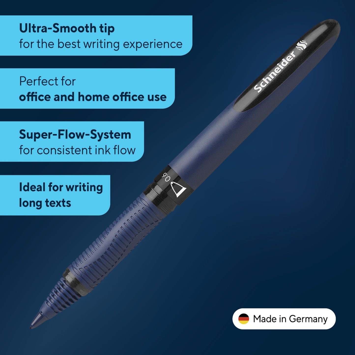 Schneider One Business Rollerball Pen, 0.6 mm Ultra-Smooth Tip, Blue Barrel, Black Ink, Box of 10 Pens (183001)