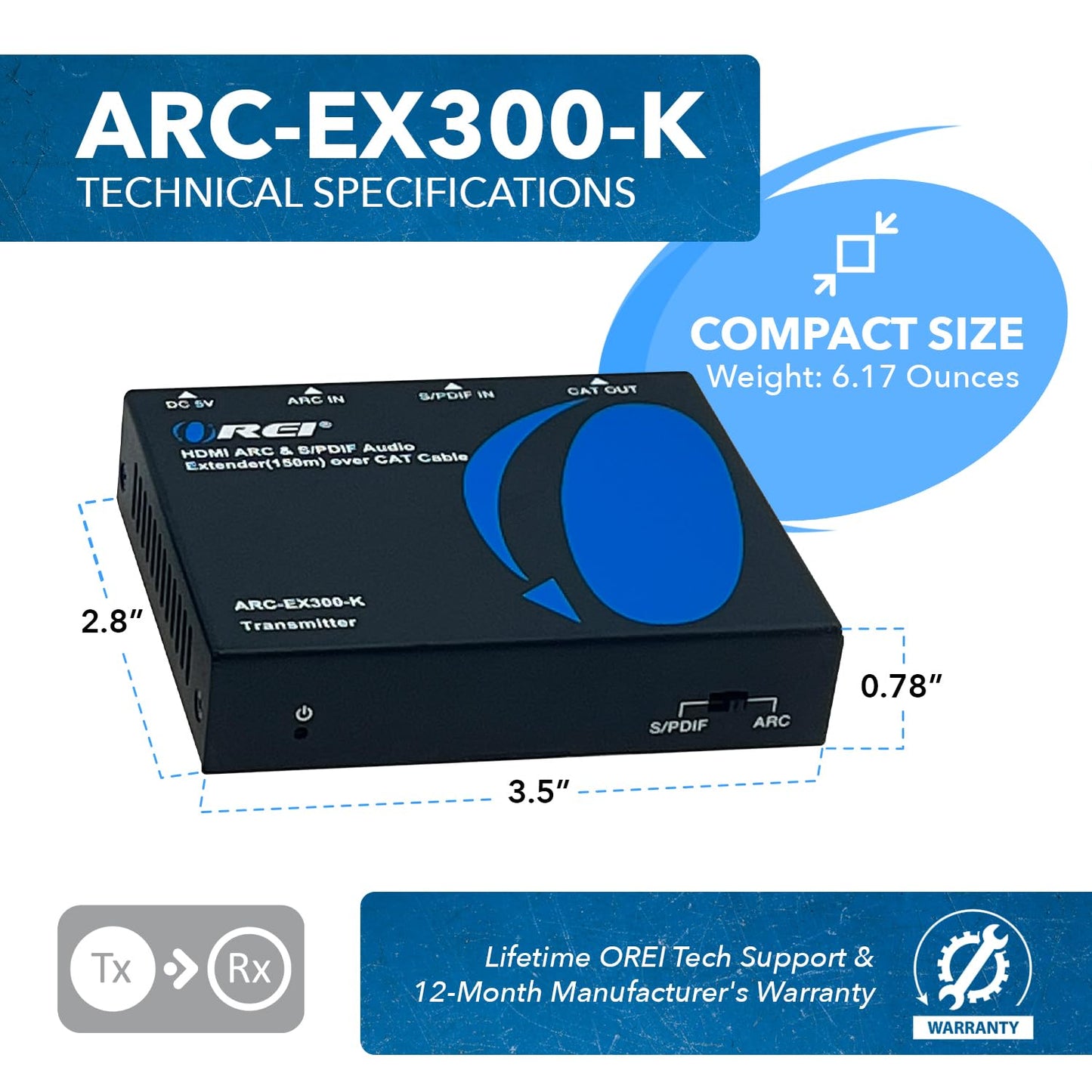 OREI ARC & SPDIF Audio Only Extender Balun Over Single CAT5e/6/7 Audio Return Channel Through HDMI Up to 300 Ft - Power Over Cable (ARC-EX300-K)
