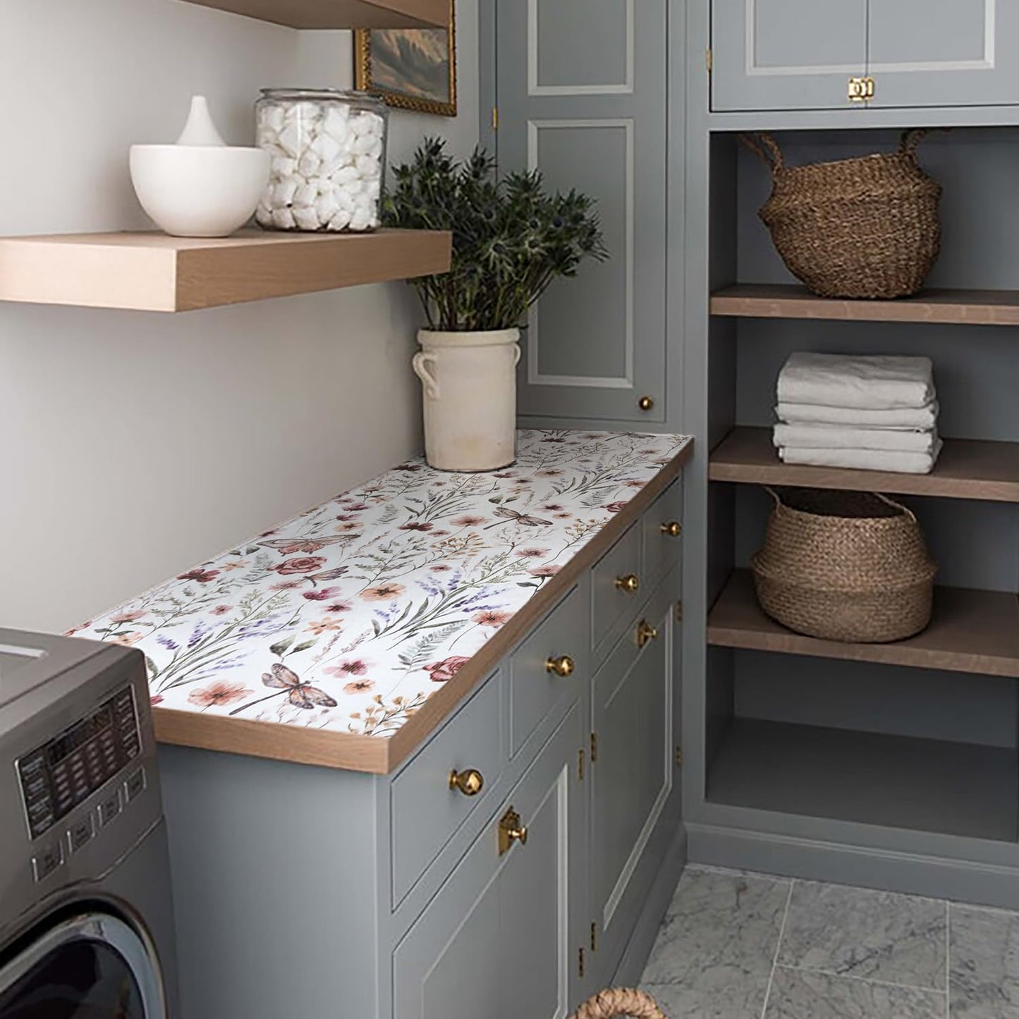 Floral Shelf and Drawer Liner for Kitchen Cabinets,24IN x 10FT Non-Adhesive and Strong Non-Slip Cabinet Drawer Liners for Kitchen Shelf, Waterproof Cupboard Liners,Easy to Clean