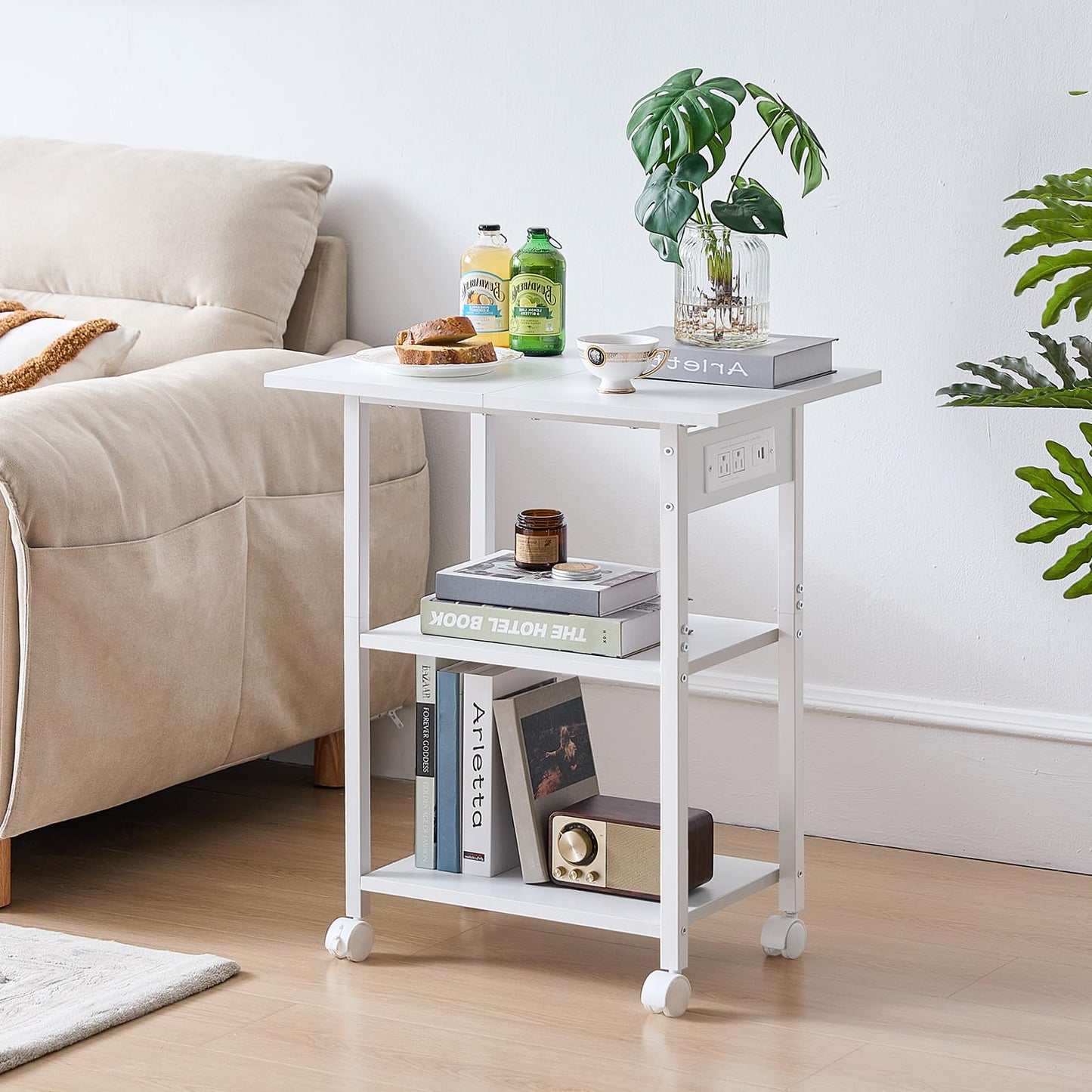 Lerliuo 3-Tier Printer Stand with Charging Station, Industrial Mobile Printer Table with Storage Shelf and Steel Frame, Rolling Printer Cart Holder with Lockable Wheels for Home, Office (White)