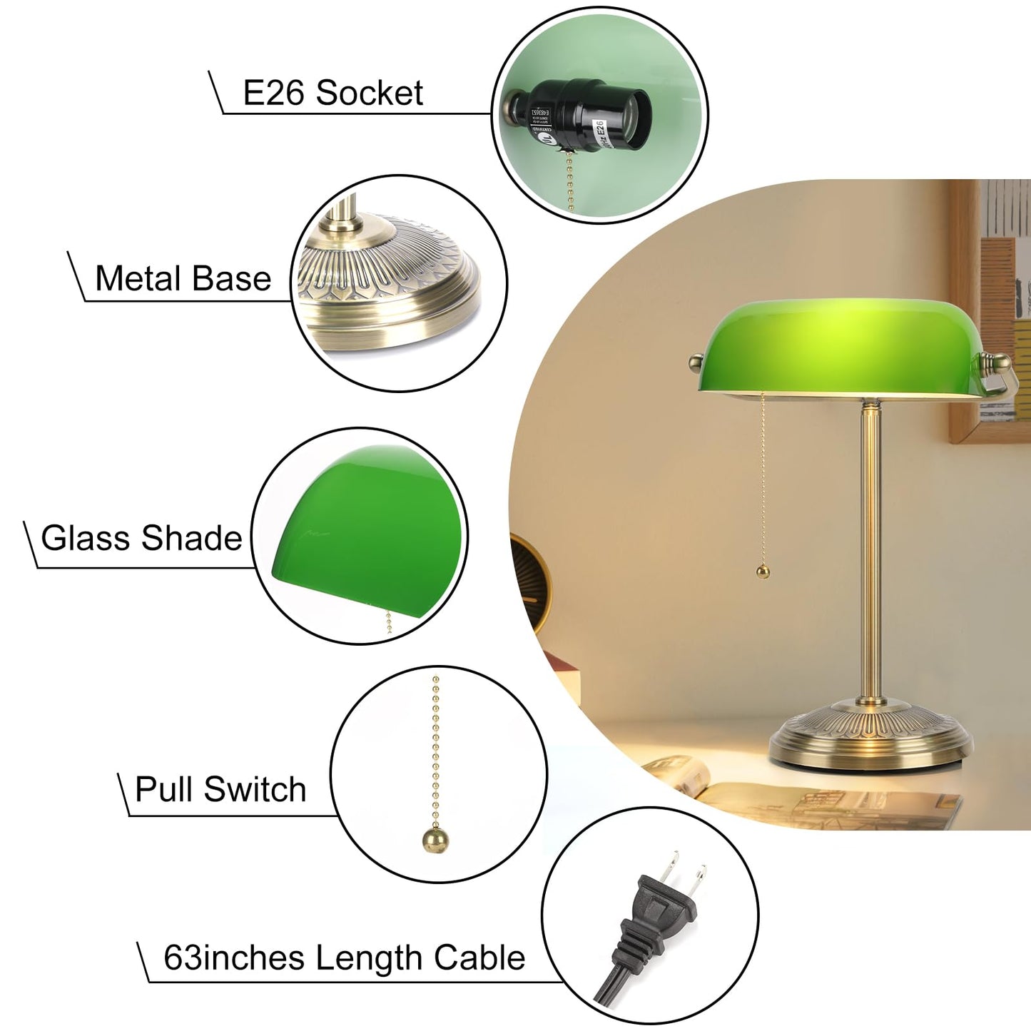 BNYFDC Bankers Lamp, Green Desk Lamp with Brass Finish, Classic Table Lamp with Pull Switch for Home, Office, Study (Green)