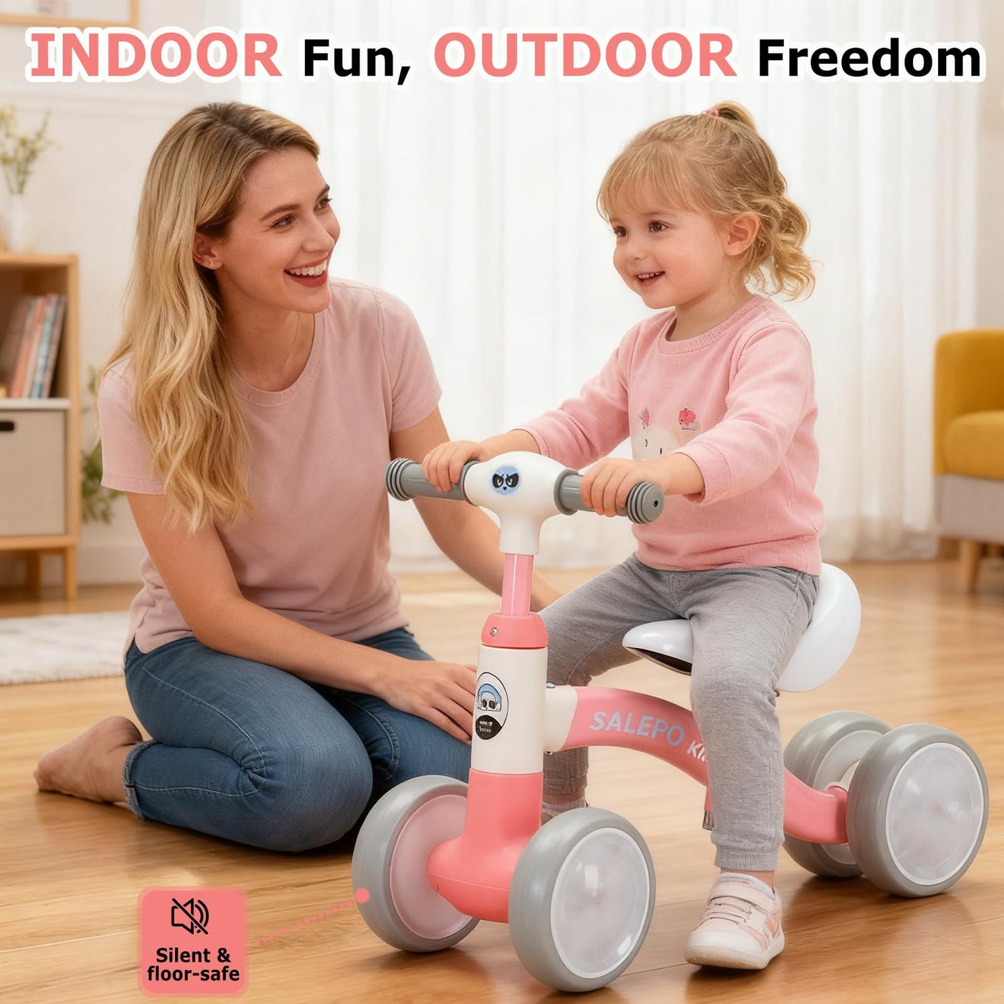 Baby Balance Bike Toy for for 12-36 Months, Toddler Balance Bike with Adjustable Seat, Handle &4 Silence Wheels No Pedal, Pre-School First Ride for Boy Girl First Birthday Gift(Pink)