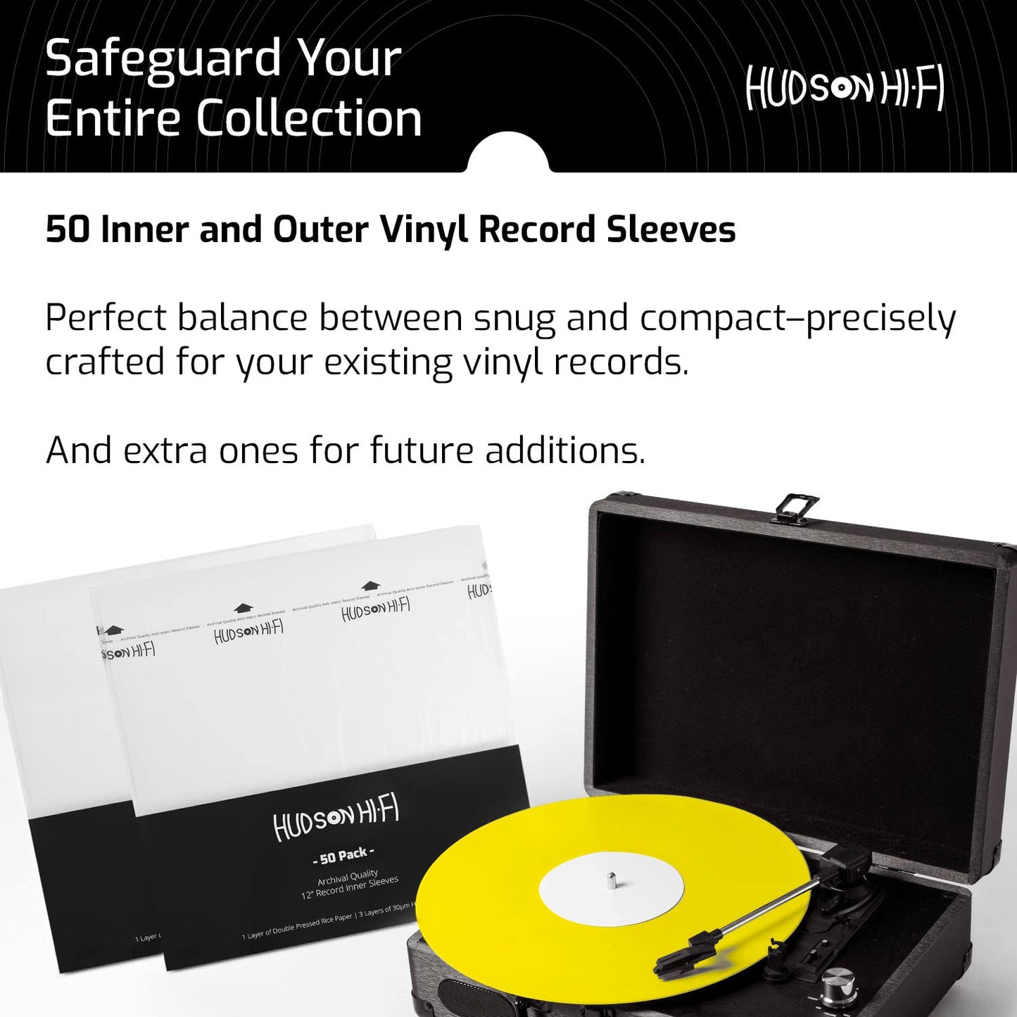 Hudson Hi-Fi 50 ct. Inner Sleeves for Vinyl Records & 50 ct. Vinyl Outer Sleeves - 100 Vinyl Sleeves for Records, Clear Outer & Inner Sleeves for Vinyl Records