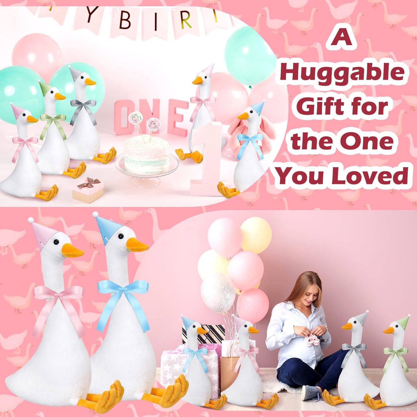 Blueweenly 12 Sets 11.8 Inch One Silly Goose Plush Party Favor, Birthday Decor for Girl Boy Stuffed Goose Animals with Hats and Ribbons(Cuddly Style)