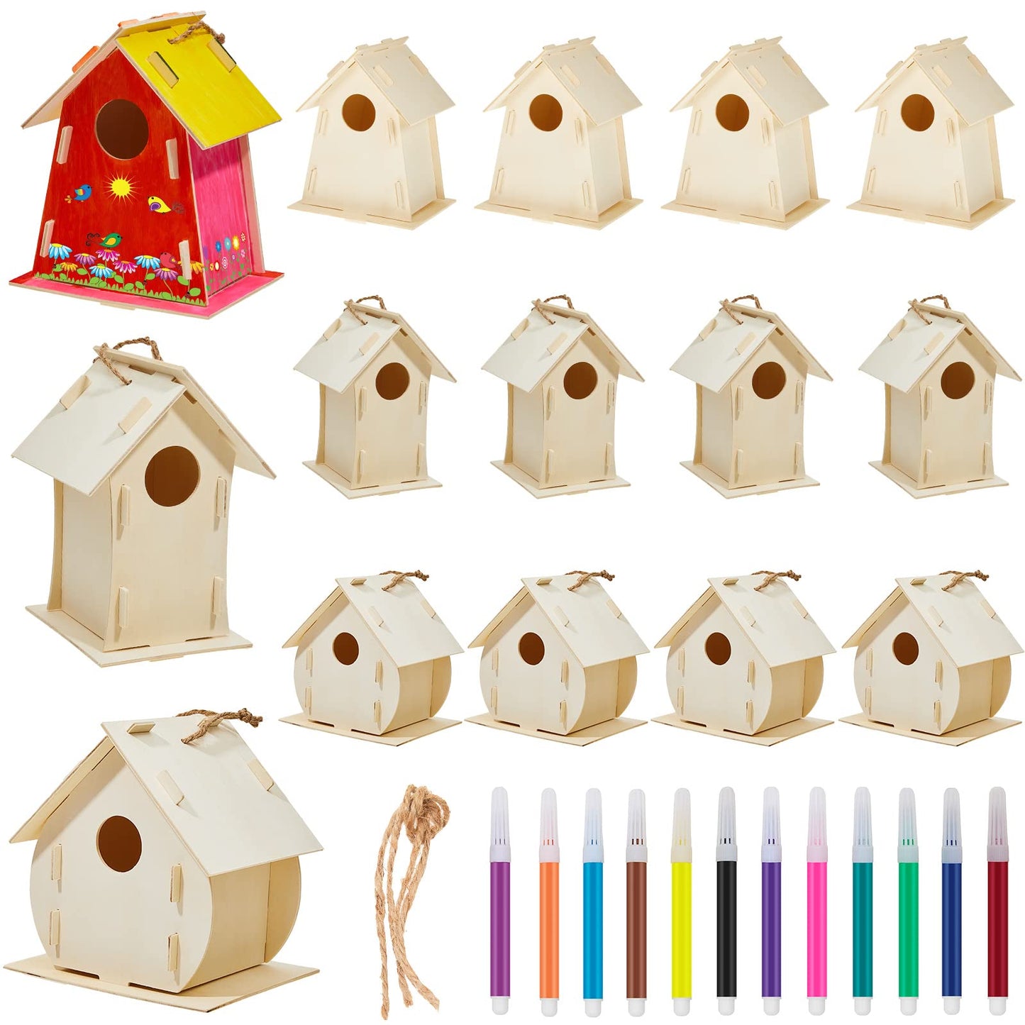 21 Sets DIY Birdhouse Kit for Kids to Build and Paint, Include Unfinished Wooden Bird House, Strips and Colorful Painting Pens for Girls Boys Fun Craft Activity Creative DIY Art Project