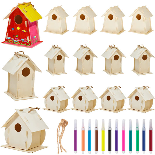 21 Sets DIY Birdhouse Kit for Kids to Build and Paint, Include Unfinished Wooden Bird House, Strips and Colorful Painting Pens for Girls Boys Fun Craft Activity Creative DIY Art Project