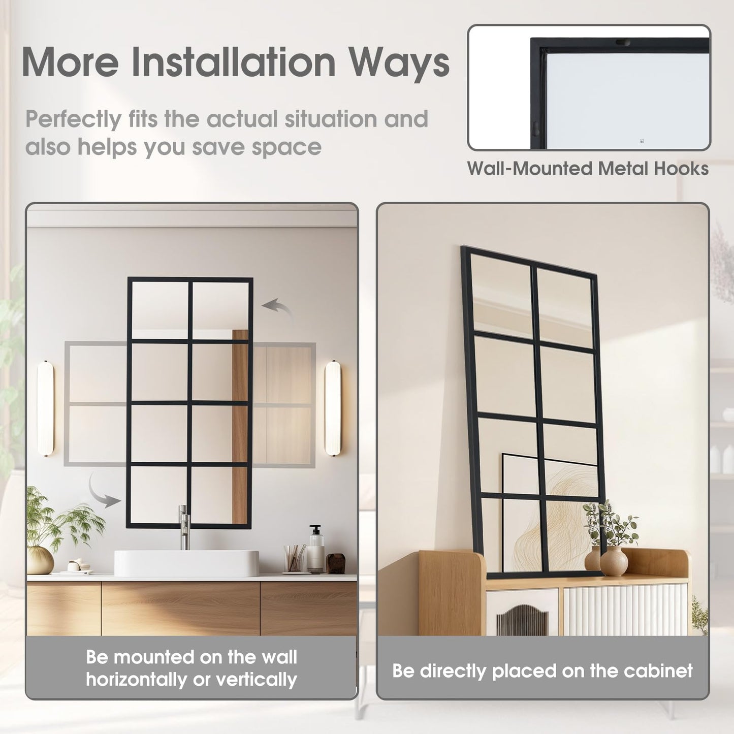 DUMOS Wall Mirrors 16" x 32", Set of 2 Rectangle Window Pane Decorative Mirrors, Black Metal Framed Wall Mounted Mirror for Bathroom, Bedroom, Entryway
