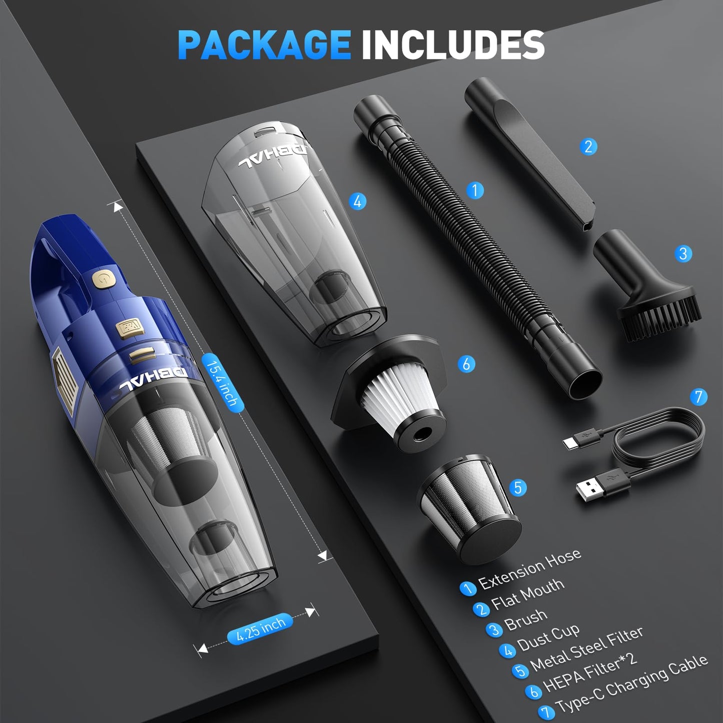 DBHAL Handheld Vacuum Cordless, 15000PA Powerful Suction Car Vacuum Cleaner Lightweight with Multi Accessories, Hand held Vacuum Cleaner Dust Busters Cordless Rechargeable for Car Home