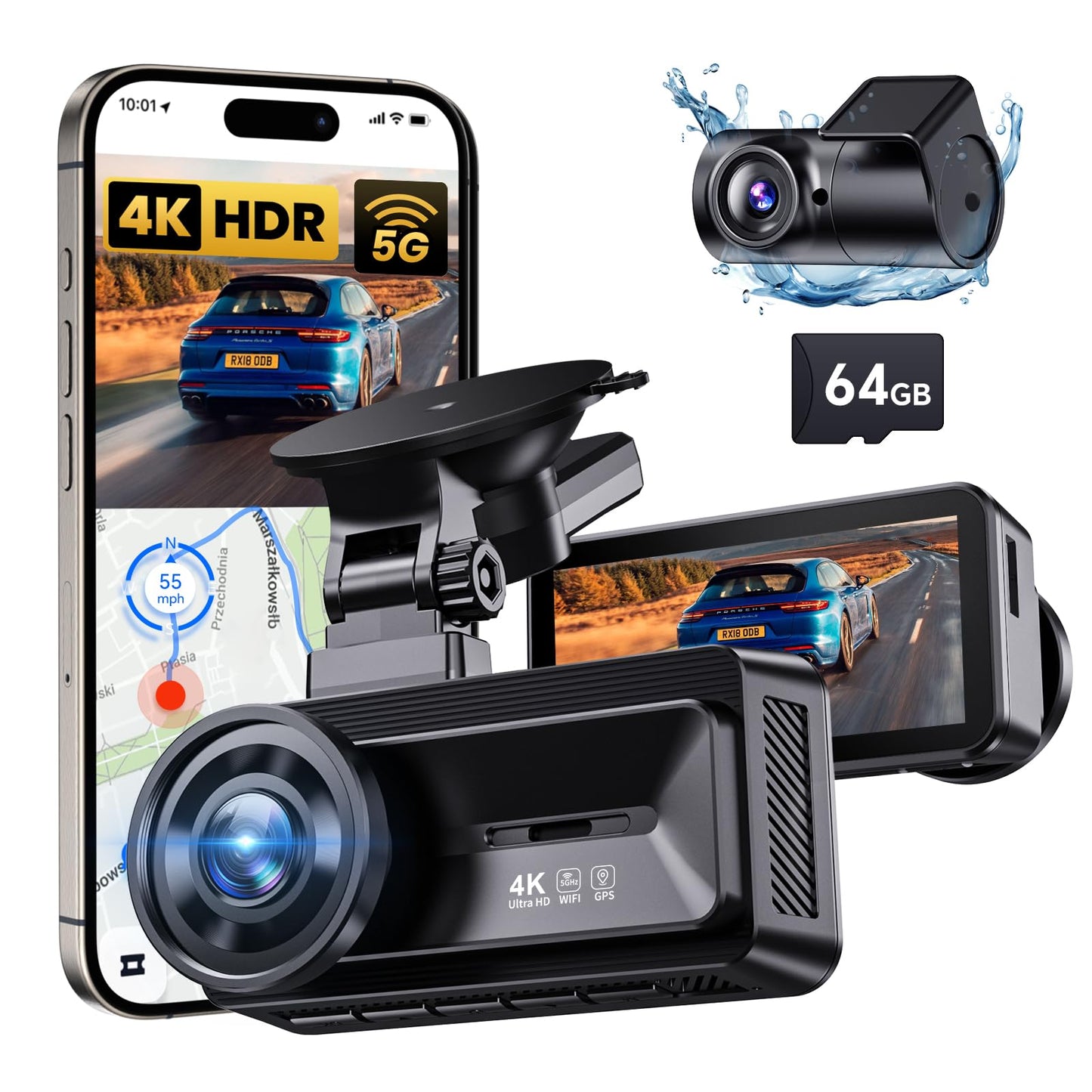 COOLCRAZY Dash Cam Front Rear: 4K+1080P Full HD Dashcam Free 64GB Card, with 5G WiFi GPS, Dual Dash Camera for Cars with 3" IPS Screen, Night Vision, HDR, App Control, 24H Parking Mode, Loop Record