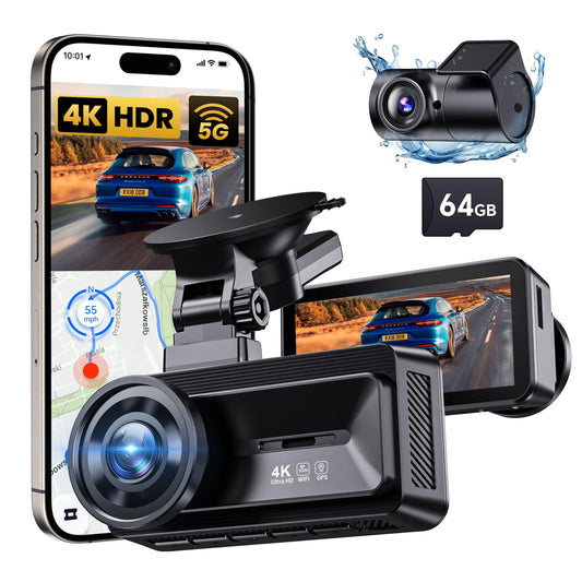 COOLCRAZY Dash Cam Front Rear: 4K+1080P Full HD Dashcam Free 64GB Card, with 5G WiFi GPS, Dual Dash Camera for Cars with 3" IPS Screen, Night Vision, HDR, App Control, 24H Parking Mode, Loop Record