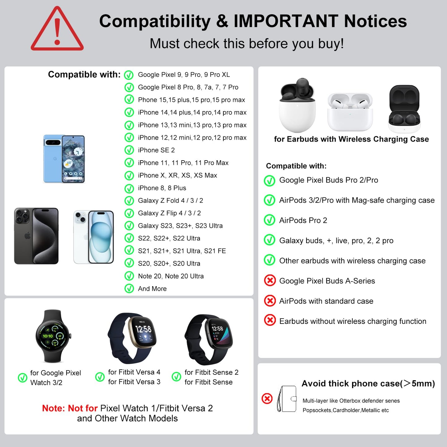 Charger for Pixel Watch 2/3, Fitbit Versa 4/Sense 2 (Not for Pixel Watch 1), Wireless Charging Station for Google Pixel 9/9 Pro/9 Pro XL/8 Pro/8/8A/7 Pro/7/6/6 Pro, Pixel Buds Pro 2/Pro (No Adapter)